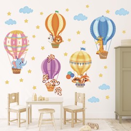 DECOWALL SG-2214 Animals in Hot Air Balloons Kids Wall Stickers Decals Kids Baby Nursery Decorations Cloud Elephant Wallpaper Art Playroom Bedroom décor Home boy Peel and Stick