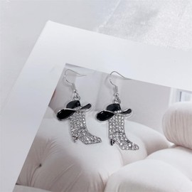 Cute Rhinestones Western Boots Cowgirl Cowboy Dangle Drop Earrings for Women Dainty Boho Enamel Hat Boot Hypoallergenic Lightweight Dangling Fashion Y2K Jewelry Party Holiday Christmas Gift (Black)