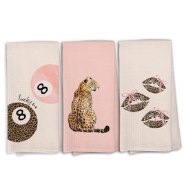 KTYHD Pink Leopard Ktichen Towels Set of 3, Pink Leopard Cheetah Print Bathroom Decor, Preppy Cheetah 8 Ball Hand Towel for Bathroom