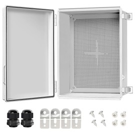 LeMotech Electrical Box, IP67 Waterproof Hinged Cover Stainless Steel Latch Junction Box, ABS Plastic Electrical Enclosure with Mounting Plate,Wall Brackets, Cable Glands,15.7"x11.8"x7.0",Grey