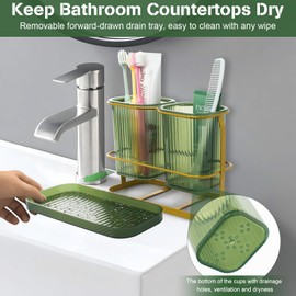 Green Toothbrush Holders for Bathrooms, 2 Cups Toothbrush Holders Wall Mounted, Dry & Wet Separation, Bathroom Organizer and Storage - Bathroom Toothbrush Holder Set for Family Kids