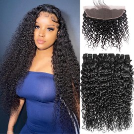 Human Hair Bundles Water Wave Bundles Human Hair With Frontal Closure (20 22 24+18，Free Part) 12A Burmese Curly 3 Bundle With 13x4 HD Lace Frontal With Baby Hair 1B# Curly Wave Human Hair Extensions