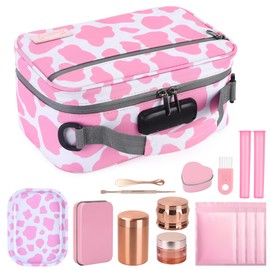 BOYISTARG Large Storage Bag with 11 Small Items, Portable Storage Case with Combination Lock For Home and Travel(Cute Cow Print) Pink and white