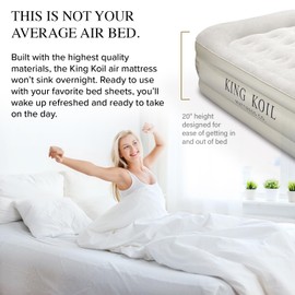 King Koil Luxury Air Mattress 20in Full Size Beige with Built-in Pump for Home, Camping & Guests-Inflatable Airbed Luxury Double High Adjustable Blow Up Mattress, Durable - Portable and Waterproof