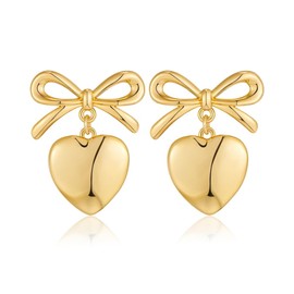 SIXDUTON Bow Earrings for Women, Bow Stud Earrings, Heart Pendant for Women, 18K Gold Hypoallergenic Drop Earrings, Jewellery, Aesthetic Gift for Girls, Stainless Steel, No Gemstone
