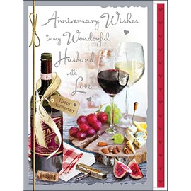 Jonny Javelin Artistic Anniversary Wishes Greeting Card - 'To My Wonderful Husband' - Wine and Cheese Design - Ribbon Embellishment and Leaf Insert