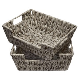JMKaixin Wicker Storage Baskets, Water Hyacinth Storage Basket with Built-in Handles,2-Pack Hand Woven Baskets with Carry Handles for Storage 13.75" x 11" x 5"