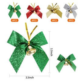 24 Pieces Christmas Tree Bows with Bells 3.5 Inch Small Christmas Glitter Bows Wreaths Bows for Christmas Decorations Holiday Candy Cookie Gift Wrapping(Gold,Silver,Green,Red)