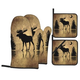 LONSANT Rustic Elk Moose Deer Forest Pine Tree Moon Design Oven Mitts and Pot Holders Sets of 4 High Heat Resistant Vintage Animal Oven Mitts Oven Gloves and Hot Pads Potholders for BBQ Cooking Mitts