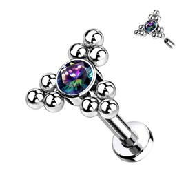 Pierced Owl 16G Implant Grade Titanium Internally Threaded CZ Crystal Triple Ball Cluster Flat Back Labret Monroe Lip Cartilage Helix Conch Ear Lobe Stud (Vitrail Medium, Bar Length: 8mm)