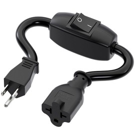 Heavy Duty On/Off Switch Extension Cord 12-AWG 15A Household Plug Male to Female T Blade Adapter Cable with Heavy Duty Double Break 20A 125V Inline Switch, L=32CM