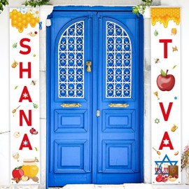 Furbeko 2 Pcs Shana Tova Door Banner Porch Sign Happy Rosh Hashanah Hanging Decorations Flag Banners for Jewish New Year Party Favors Supplies Celebration Wall Garden Yard Decor (Rosh Hashanah)