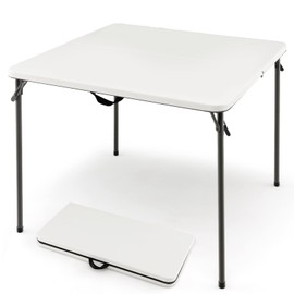 MEDIMALL Outdoor Folding Table, Fold-in-Half Utility HDPE Foldable Table with Metal Legs, Handle, Square Indoor Outdoor Collapsible Dining Table for Camping, Picnic, Party (White)