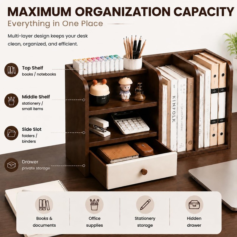 Desktop Organizer with Drawer & Dual File Compartments, Multi-Functional MDF