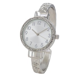 Blekon Collections Womens 32mm Case Plaided Designed Rhinestone Cuff Bangle Watch (Silver)