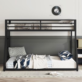 Twin Over Full Metal Bunk Beds for Kids/Adults,Heavy Duty Kids Floor Bunk Bed Twin Over Full,Noise Reduced Structure,Black