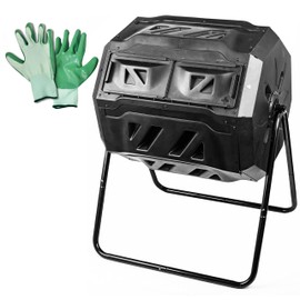 MaxWorks 50891 Compost Tumbler Bin Composter Dual Chamber 42 Gallon, Bundled with Gloves
