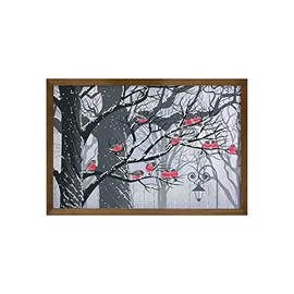 Ambesonne Winter Framed Wall Art, Bullfinches on Trees Winter City Park Snow Cold Weather Immigrant Birds Design, Fabric Decor with Teak Tone Wood Frame Home & Dorm Decor, 35" x 23", Grey Coral