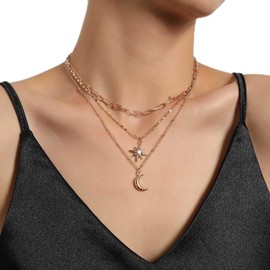 TseenYi Moon Star Layered Necklace Crystal Crescent Star Choker Necklace Small Star Moon Necklace Layering Papercilp Chain Necklace Jewelry for Women and Girls Gifts(Gold)