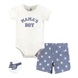 Hudson Baby Infant Boys Bodysuit, Short and Sock, Mamas Boy Blue Star, 6-9 Months