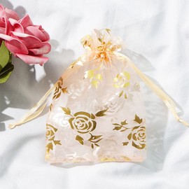 FAVORTALK Organza Bags Lvory Gift Bag Gold Rose Pattern 30 pieces Mesh Material Beautiful Practical for Valentine's Day (Gold Rose Patterned Lvory)