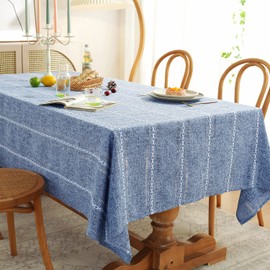 Chassic 60 x 104 inches Farmhouse Style Linen tablecloths, Wrinkle Resistant Washable Dining Room Table Cloths for 6 Foot Rectangle Tables - Hemstitch Blue
