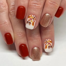 24 Fall Press on Nail Square Short Maple Leaf French Tip Fake Nails Ons Thanksgiving Day Autumn (1173)