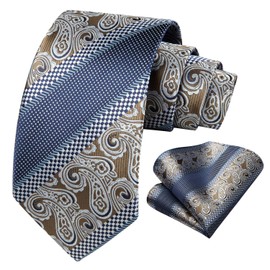 HISDERN Extra Long Floral Paisley Tie Handkerchief Men's Necktie & Pocket Square Set, XL, 63 inches length, Brown / Navy Blue