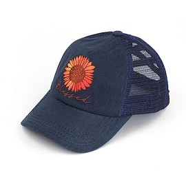 C.C Ponycap Messy High Bun Ponytail Gorra de béisbol ajustable de malla, Girasol Blessed, Azul Marino, Talla única