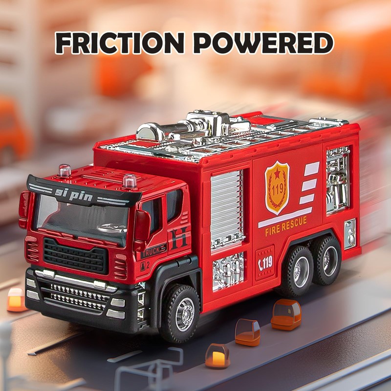 TAKGUD 4 Packs Metal Fire Trucks Playsets, Mini Friction Powered