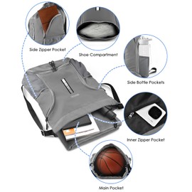 BROTOU Waterproof Drawstring Sports Backpack, Unisex PE Backpack Gym Bag with Large Shoe Bag, for Football, Basketball, Volleyball (Grey)