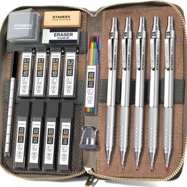 STAGEEK Metal Mechanical Pencil Set in Leather Case, 5PCS Art Drafting Pencil 0.3, 0.5, 0.7, 0.9 & 2mm Lead Holder, 9 Tube (4B 2B HB 2H Colors) Lead Refills for Drawing, Sketching, Writing (Silver)