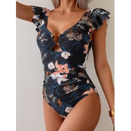 Eomenie Women's One Piece Swimsuit Tummy Control Bathing Suit Cutout Ruffle Slimming Swim Suit