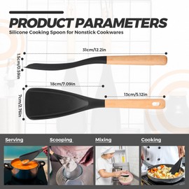 Reallnaive 4 Pcs Cooking Spoons for Nonstick Cookware 12 Inch Silicone Spoon Spatula with Wood Handle for Cooking, Serving, Mixing, Scoop, and Scrape, Black