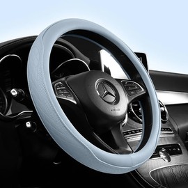 Universal 15 Inch Steering Wheel Cover - Breathable PU Leather with Odorless Rubber Grip, Non-Slip Classic Design, Fits Most Cars & SUVs (Light Blue)