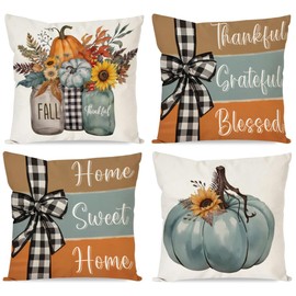HIUCUS Happy Thanksgiving Turkey Throw Pillow Cover, 18x18 Inch Set of 4 Fall Thankful Grateful Blessed Pumpkin Orange GIve Thanks Gobble Cushion Case for Sofa Couch BZ12-4pcs