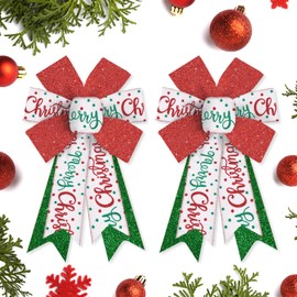 Hying 2 Pieces Christmas Bows for Wreath, Christmas Wreath Bow Glitter Green Red White Burlap Bows Winter Xmas Craft Bows Ornaments for Front Door New Year Christmas Party Decoration Supplies