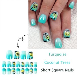 Press on Nails Green Gradient Fake Nails Short Square False Nails with Coconut Tree Designs Cute Summer Nails Press on Glossy Glue on Nails Acrylic DIY Manicure Art for Women Girls 24Pcs