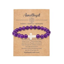 Pingyongchang Christian Gifts for Women Men Cross Healing Crystal Bracelet Faith Easter Catholic Religious Bracelet Natural Stone Stretch Bracelets Stress Relief Anxiety Yoga Bracelet -Amethyst