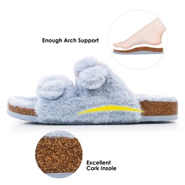 FITORY Pantuflas de punta abierta para mujer con forro acogedor, sandalias de corcho de piel de conejo sintético, talla 6-11, Azul / Patchwork, 8 US