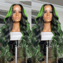 WKIPYCPK Green Highlight Lace Front Wig Black Hair with Green Skunk Stripe Synthetic Lace Front Wigs for Black Women 24 Inch Long Body Wave Heat Resistant Hair Pre Plucked Natural Hairline