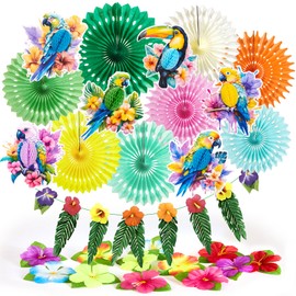 Pack of 27 Hawaiian Party Decoration Set Includes 6 x Tropical Birds Decoration, 8 x Paper Fans, Parrot Party Decoration and Hanging Garland Paper Fans for Summer Decoration, Hawaiian Decoration,