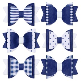 Whaline 6Pcs Back to School Uniform Hair Bow Clips Navy Blue and White Stripe Dot Plaid PU Leather Hairgrips Alligator Clips for Women School Hair Accessories