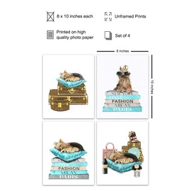High Fashion Glam Wall Art - Luxury Designer Haute couture Blue Room Home Decor - Yorkie Yorkshire Terrier Home decoration - Cute Dog Lover Gift for Woman Girl Teens - Puppy Decor