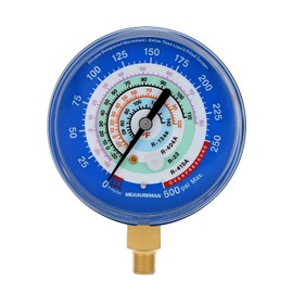 MEASUREMAN Refrigeration Pressure Gauge, 3-1/8” Blue Dial, 30inHg-250psi, 250-500psi Retarded Range, Adjustable Pointer, 1/8” NPT Lower Mount, Compatible with R-134a, R-404A, R-22, R-410A, Degree F