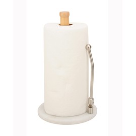 Spiretro Elegant Marble & Wood Paper Towel Holder – Real White Marble Base, Natural Wood Rod & Stainless Steel Tension Arm – Jumbo Roll Compatible – 7.75" W x 7.75" D x 13.25" H