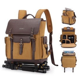 Cwatcun Camera Backpack, DSLR SLR Backpacks Camera Bag with 13”laptop sleeve compartment and Tripod Holder for Photographers -Vintage Canvas& leather Style-Upper and lower Compartment Design(Khaki)