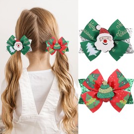 2PCS Christmas Sequins Bow Hair Clips Santa Claus Christmas Tree Glitter Cheer Bow Hair Accessories for Women Girls Winter Claw Clips for Thick Thin Hair Pins Xmas Party Decorations