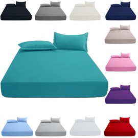 KHIM 100% Cotton 25CM/10inch Deep Fitted Sheet Single, Double, King & Super King Bed Sheets (Teal - Double)