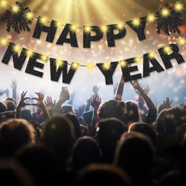 2024 Happy New Year Banner and Copper Wire Lights Black Glitter Happy New Year Banner Lights String for New Years Eve Party 2024 Happy New Year Party Decorations Home Indoor Outdoor Decor